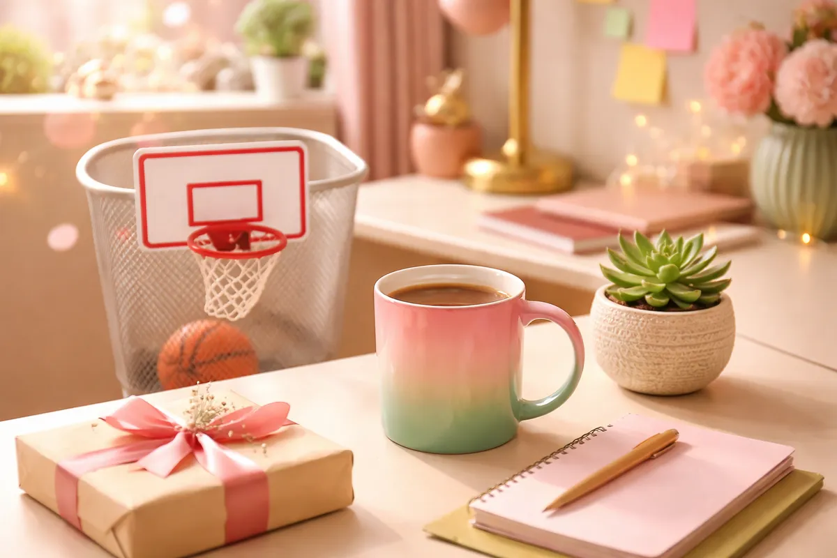 Un mini panier de basket sur une corbeille, une tasse dégradée rose et verte, une plante grasse, un carnet et un paquet à ruban rose