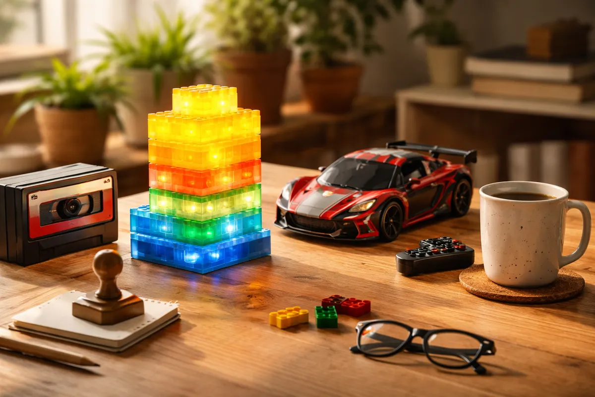 Une lampe faite de blocs lumineux empilés, une voiture de sport télécommandée, un dérouleur de ruban adhésif rétro, un tampon encreur, une tasse et des lunettes sur une table en bois