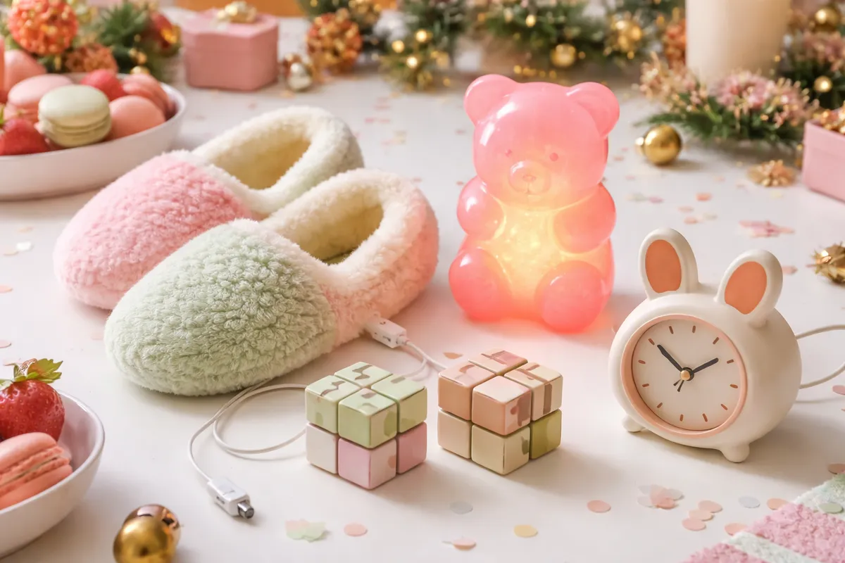 Des chaussons moelleux reliés à un câble USB, une lampe en forme d’ourson, une horloge-lapin et des petits cubes casse-tête posés sur une table