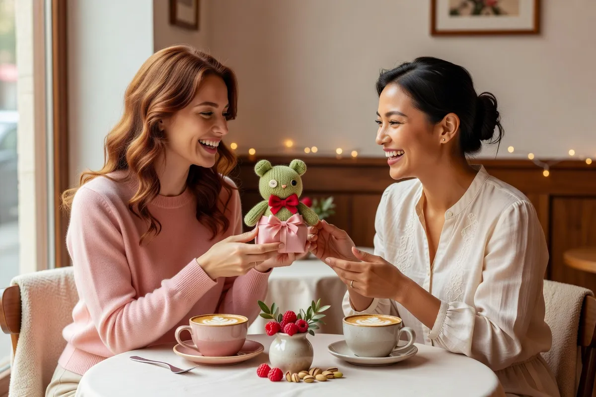 Deux amies rient à une table de café, l’une tenant une petite peluche