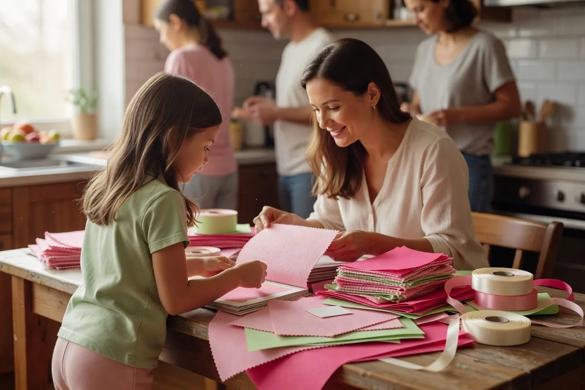Une mère et sa fille attablées dans une cuisine, penchées sur du papier coloré et des matériaux de bricolage étalés devant elles