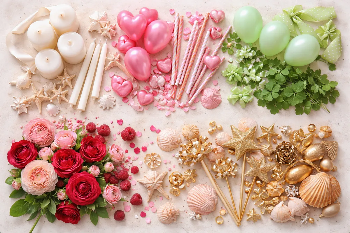 Des accessoires de fête classés par familles : bougies blanches, cœurs roses, trèfles verts, roses rouges, coquillages et étoiles dorées