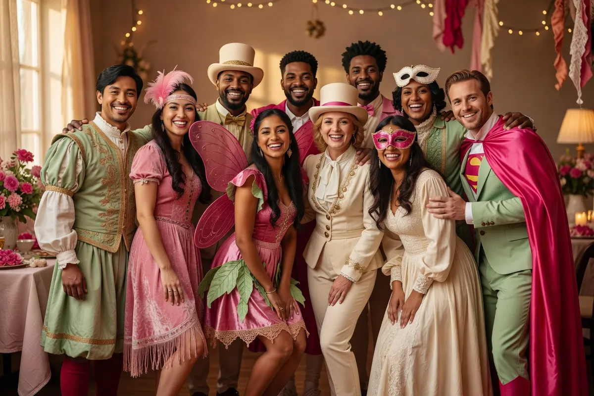 Un groupe d’amis en costumes variés, avec masques, chapeaux et cape, pose en riant