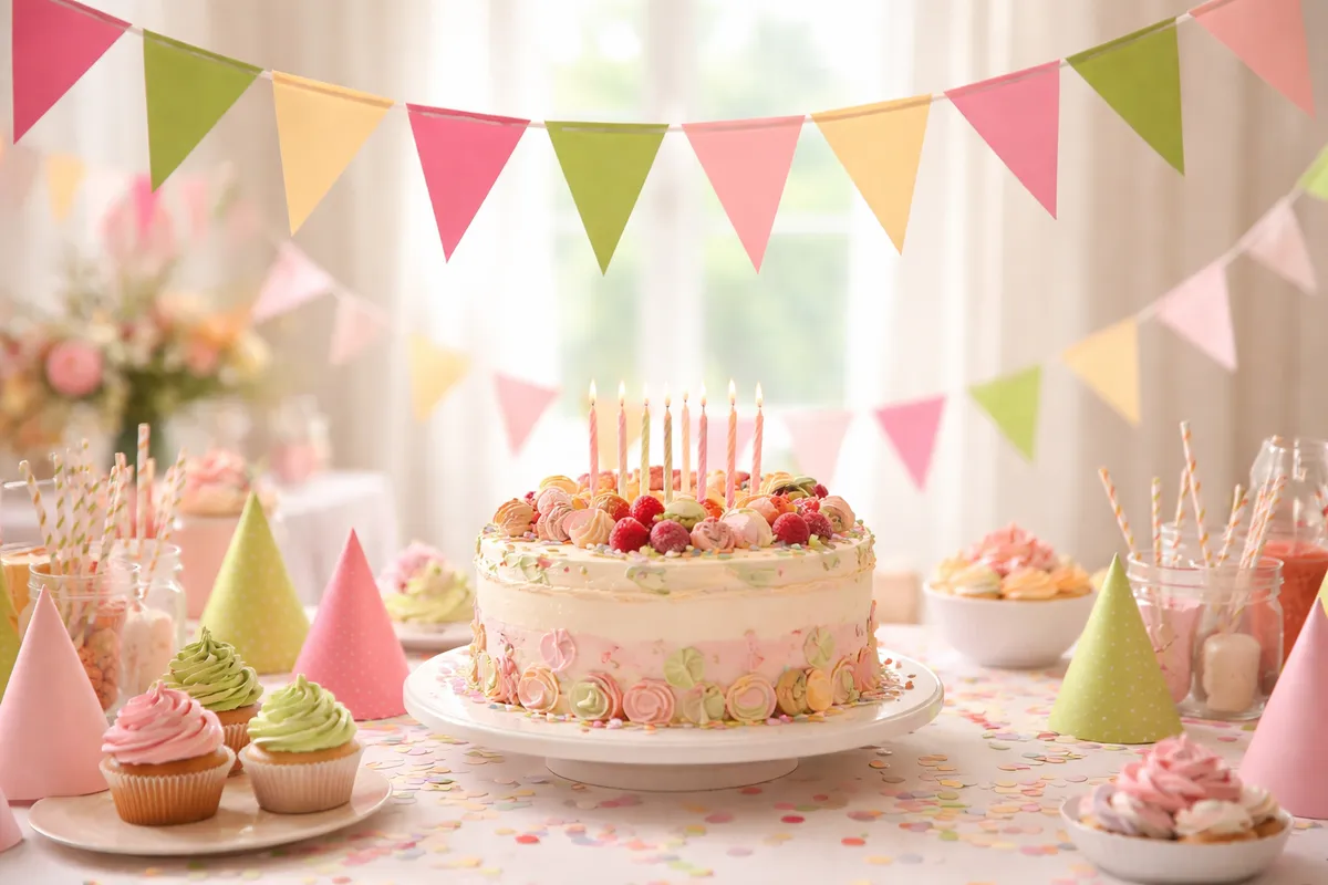 Un gâteau à bougies entouré de petits gâteaux, de cornets de bonbons et de fanions colorés sur une table de fête