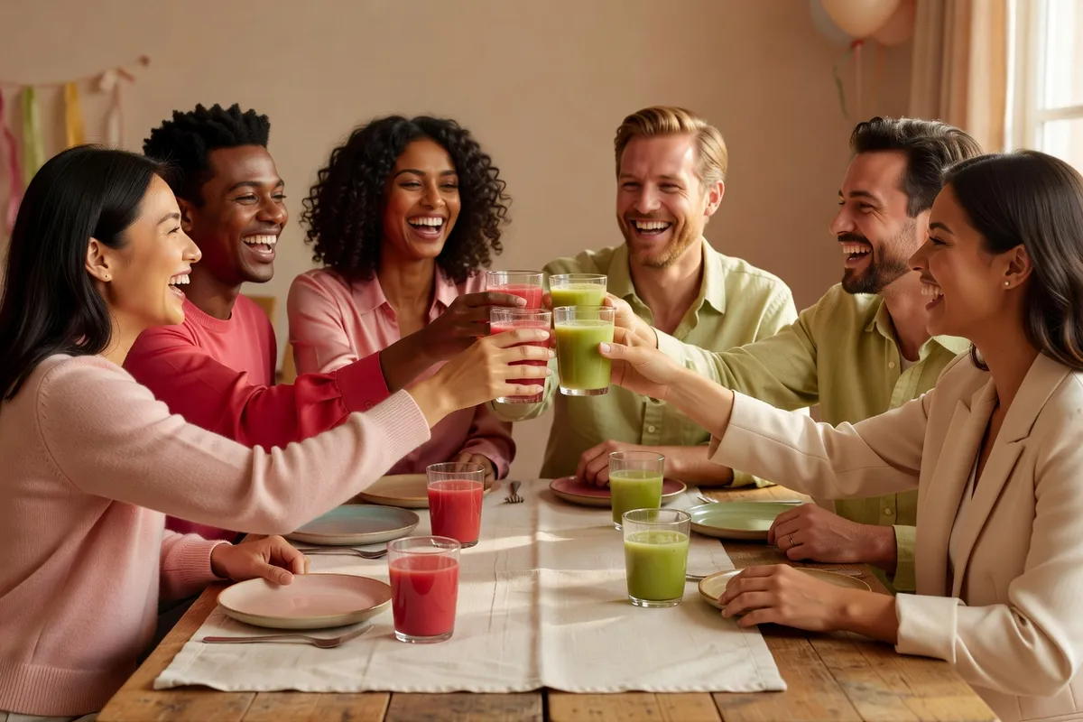 Un groupe d’amis de plusieurs origines trinque avec des jus de fruits autour d’une table en bois