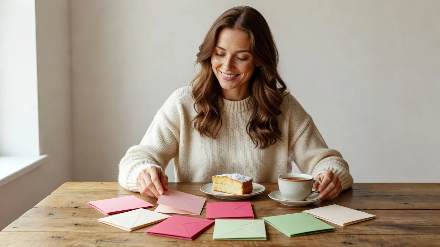 Une femme assise à une table en bois choisit parmi plusieurs cartes d'anniversaire, une tasse de thé et une part de gâteau à côté d'elle