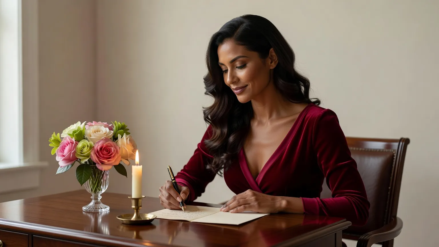 Une femme brune vêtue de velours bordeaux écrit une carte à une table en bois, près d'un petit bouquet et d'une bougie allumée