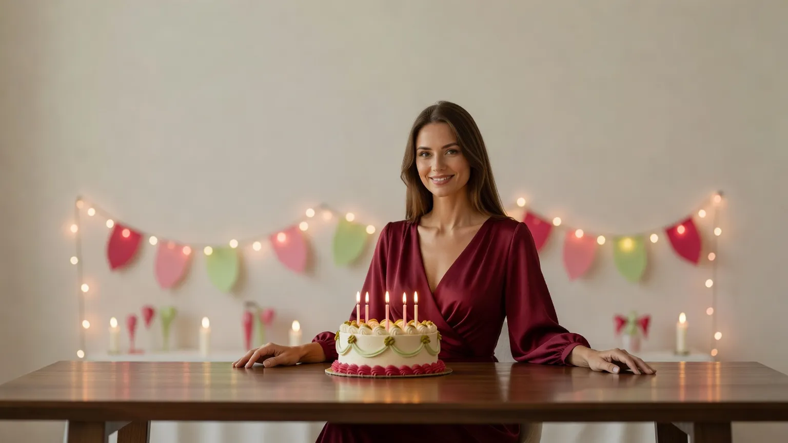 Une femme élégante en robe framboise se tient derrière une table où un gâteau d’anniversaire aux bougies allumées est posé, devant des guirlandes lumineuses