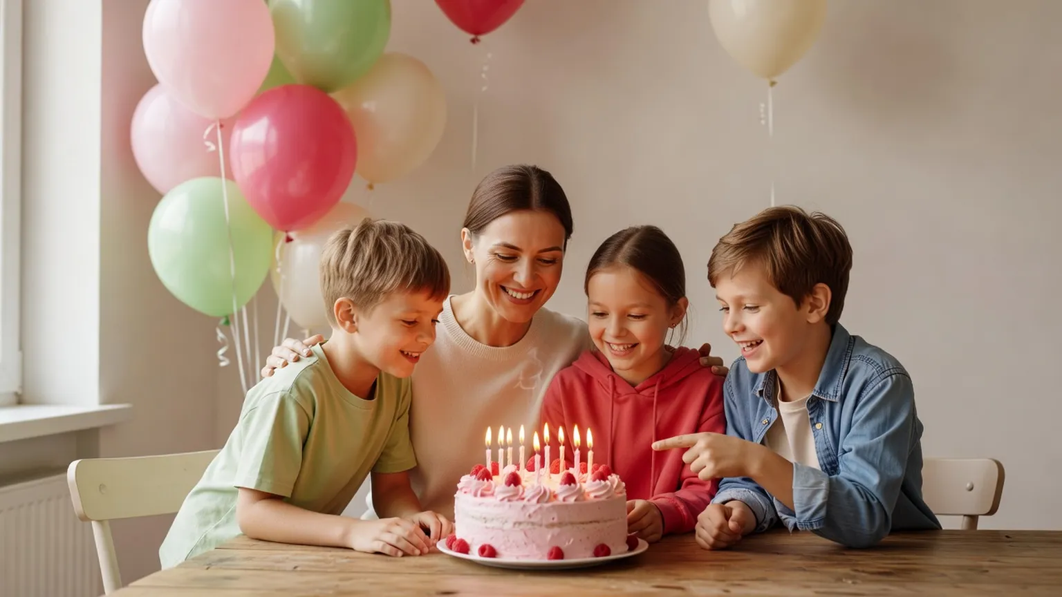 Une mère et trois enfants rient autour d'un gâteau rose aux bougies allumées sur une table en bois, avec des ballons en arrière-plan