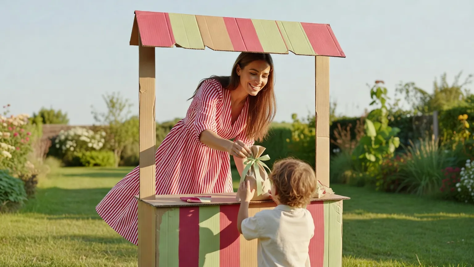 Une femme en robe rayée rose et blanche tend un petit sachet à un enfant devant un stand de fête foraine en carton, dans un jardin