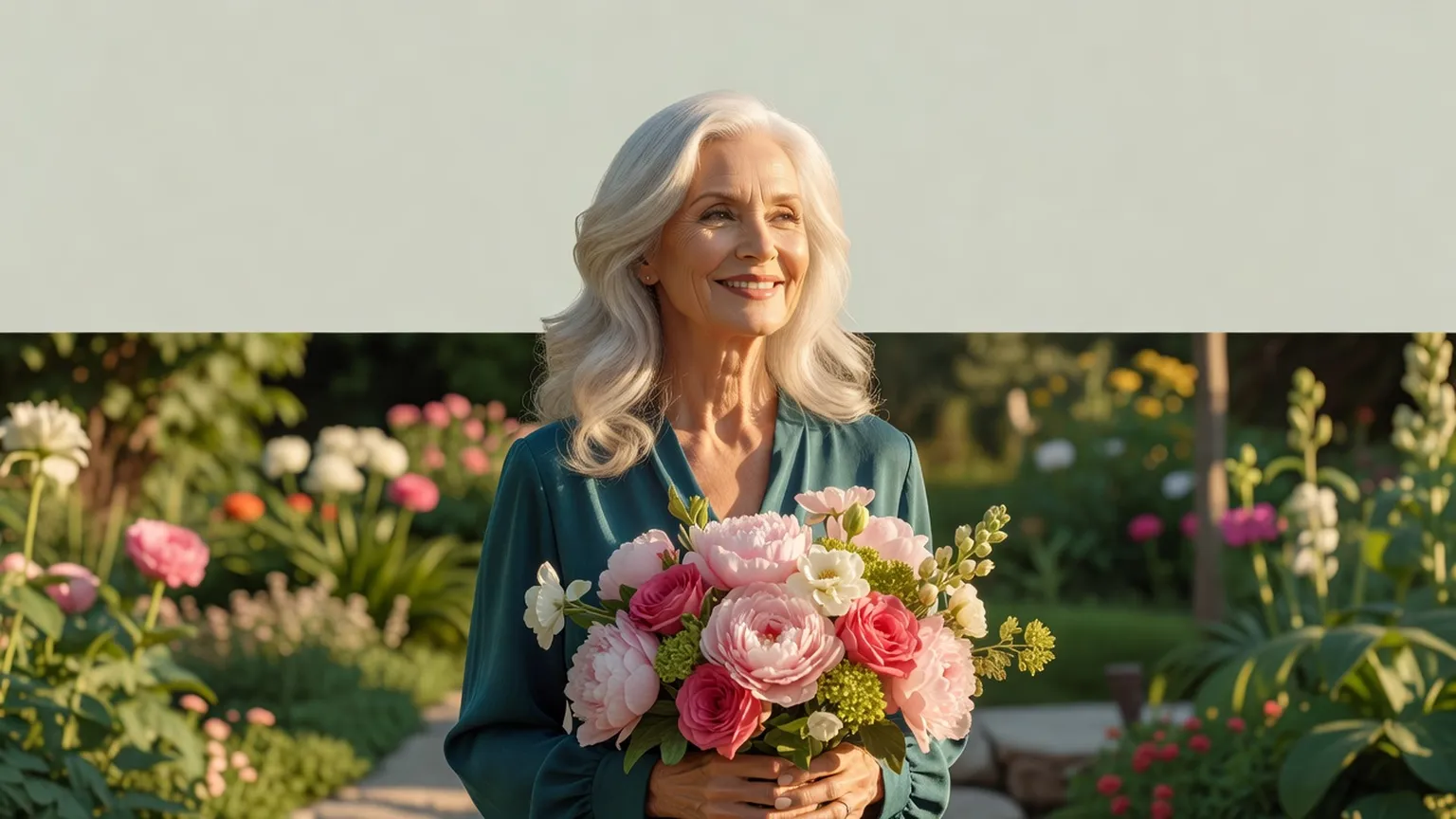 Une femme aux cheveux argentés et au sourire radieux, en blouse bleu profond, tient un bouquet dans un jardin ensoleillé