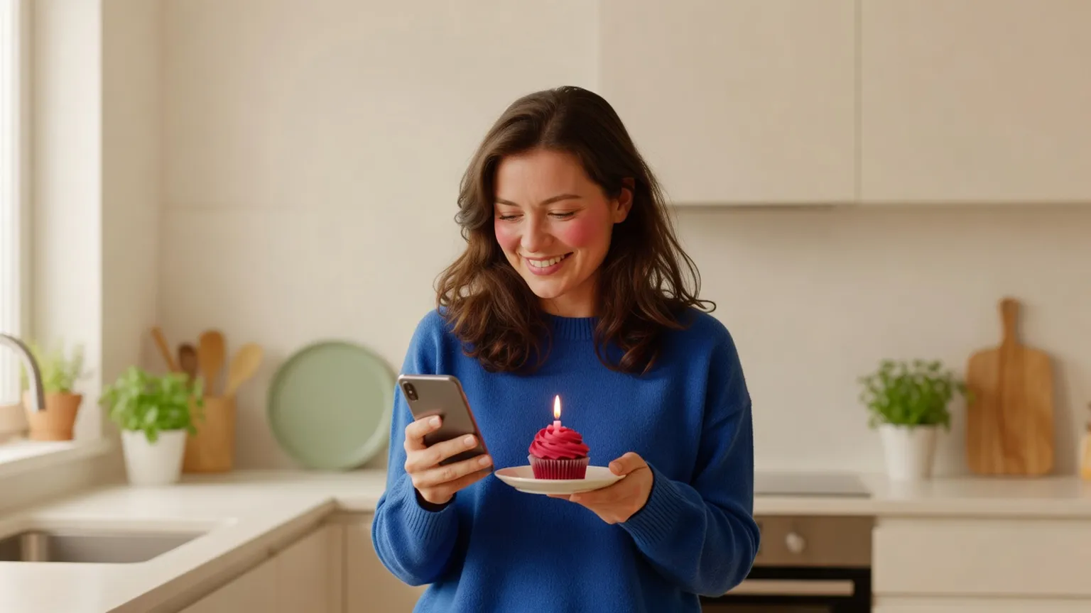 Une femme en pull bleu cobalt regarde son téléphone en riant d'un air gêné, un petit gâteau à bougie dans l'autre main, dans une cuisine lumineuse