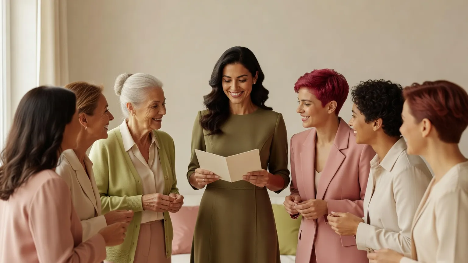 Une femme en robe vert olive tient une carte d'anniversaire au milieu d'amis de plusieurs générations, dans une ambiance festive mais sobre