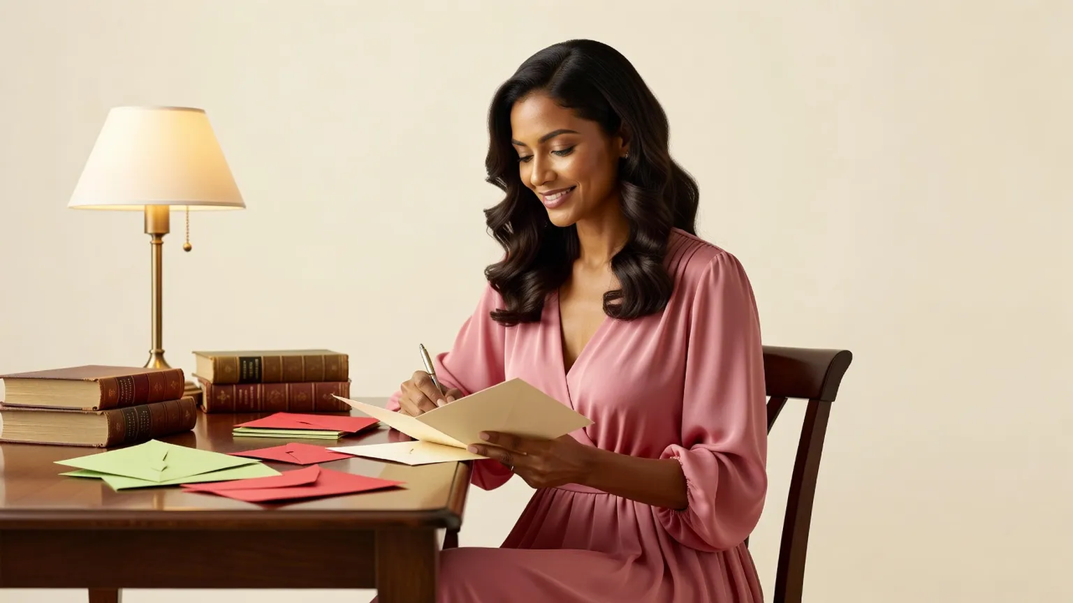 Une femme en robe rose poudré écrit un message dans une carte à son bureau, une pile de livres à côté d'elle, sous la lumière chaude d'une lampe