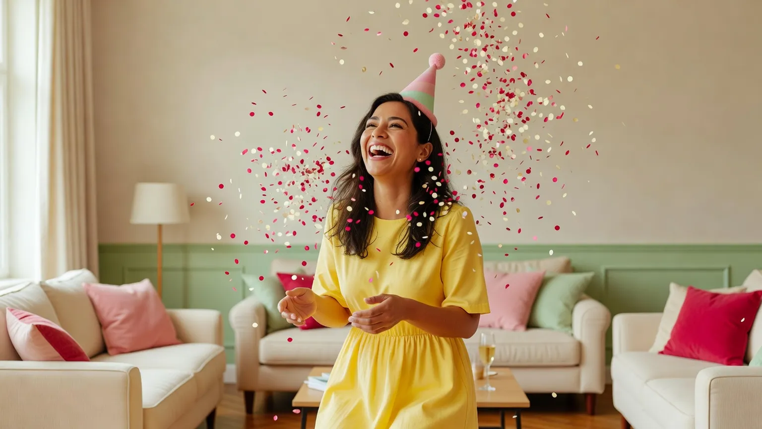 Une femme en robe jaune vif éclate de rire, coiffée d'un chapeau de fête, sous une pluie de confettis dans un salon joyeux