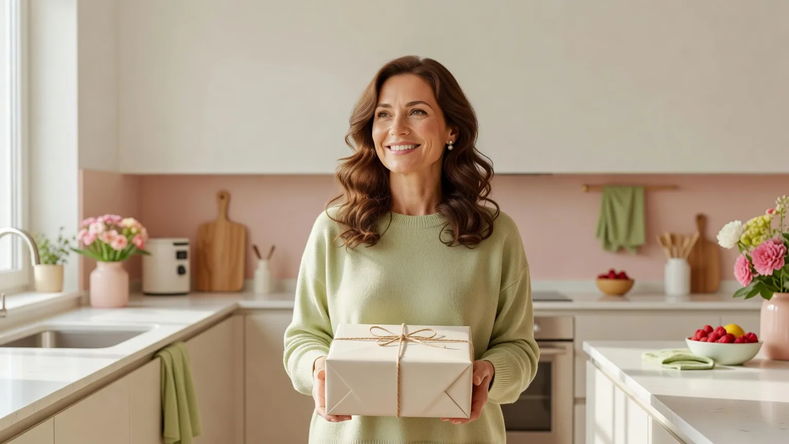 Une femme en pull vert pistache tient un cadeau emballé de papier uni et noué d'une ficelle, dans une cuisine claire