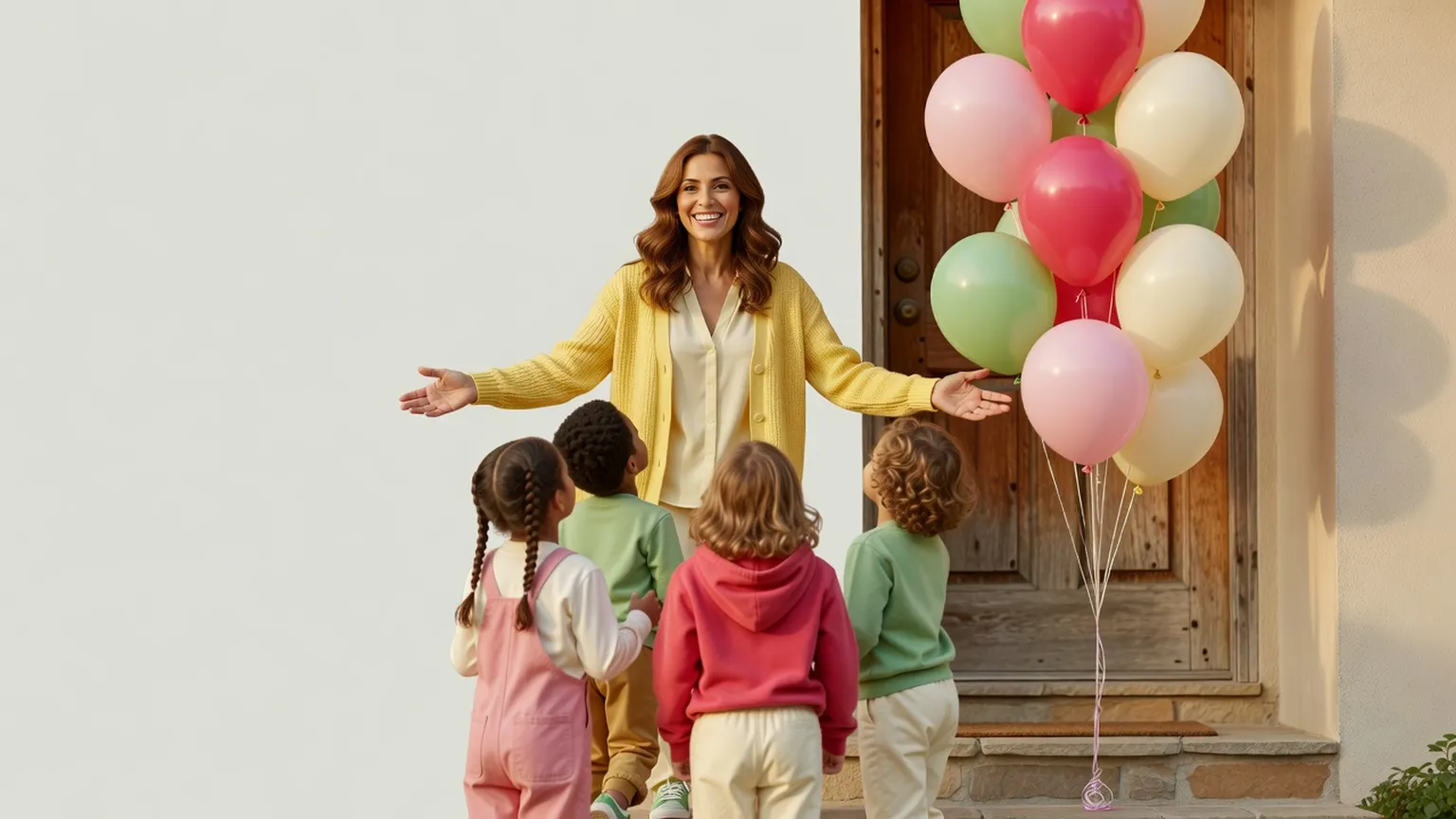 Une femme en gilet jaune accueille un petit groupe d'enfants sur le pas de la porte, un bouquet de ballons à la main
