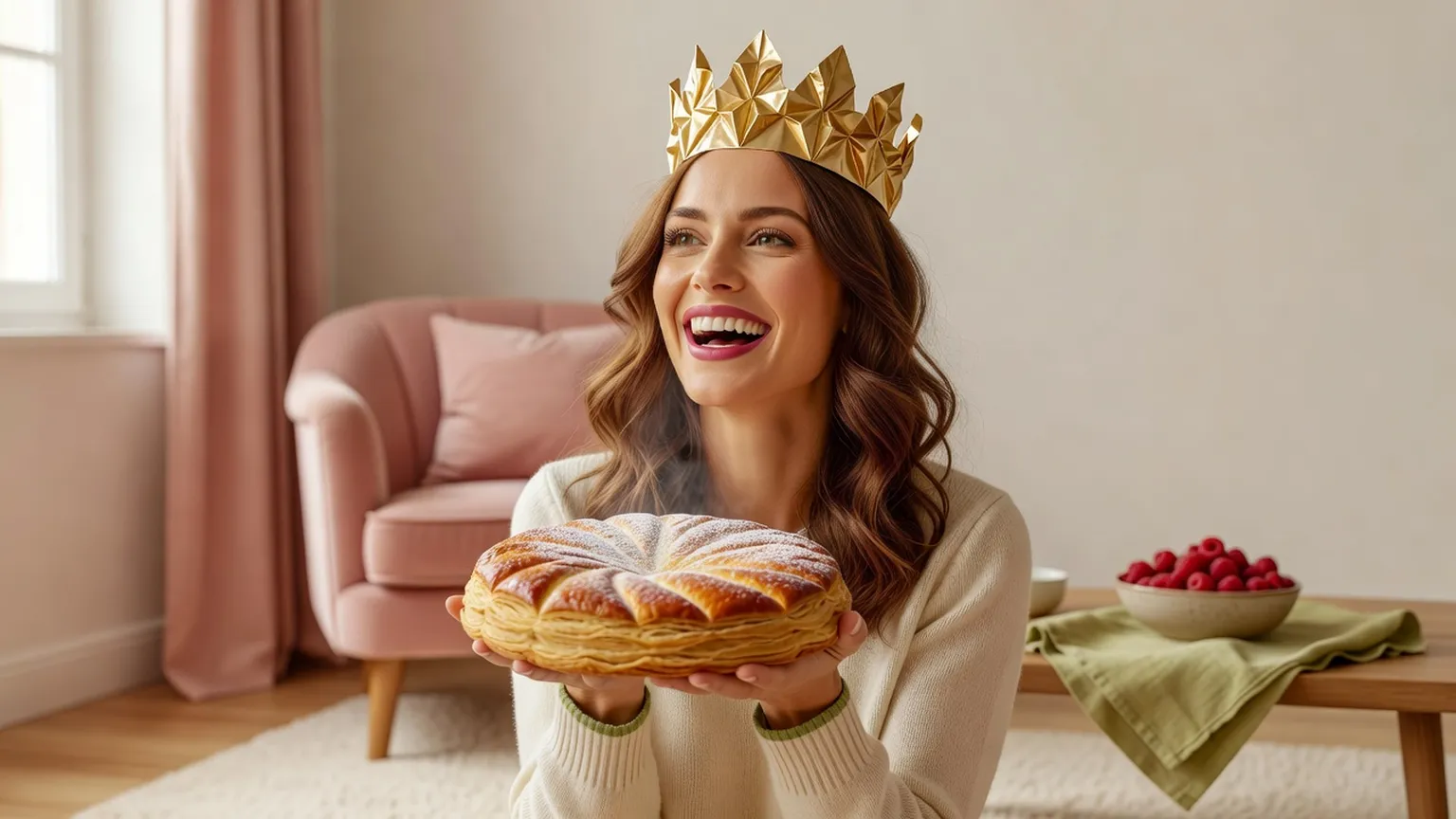 Une femme rieuse coiffée d'une couronne dorée tient une galette dans un salon aux tons roses