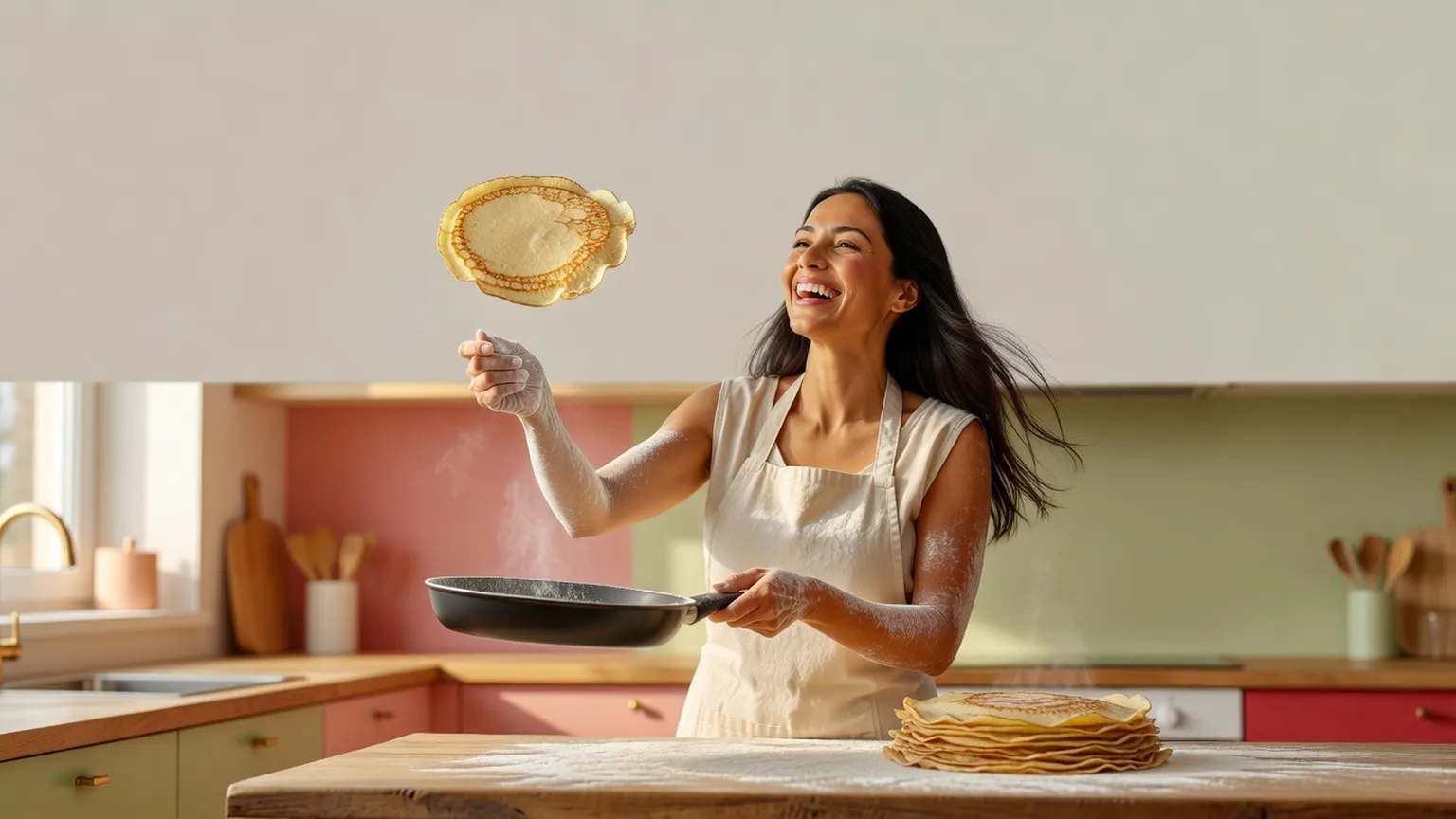 Une femme rieuse en tablier saupoudré de farine fait sauter une crêpe dans une poêle, dans une cuisine lumineuse, une pile de crêpes à côté d'elle