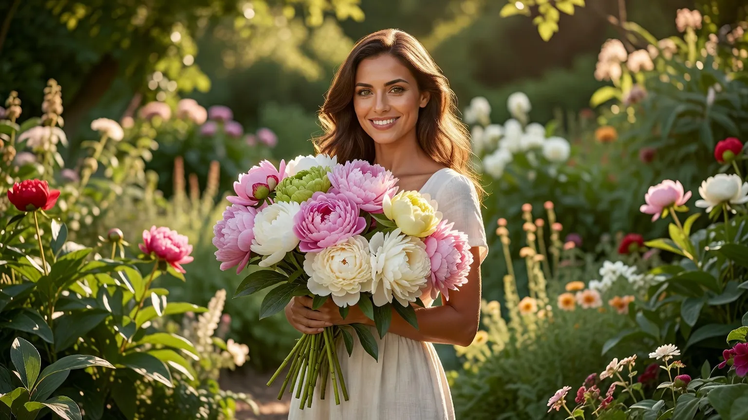 Une femme en robe blanche tient un grand bouquet de pivoines roses et blanches dans un jardin fleuri