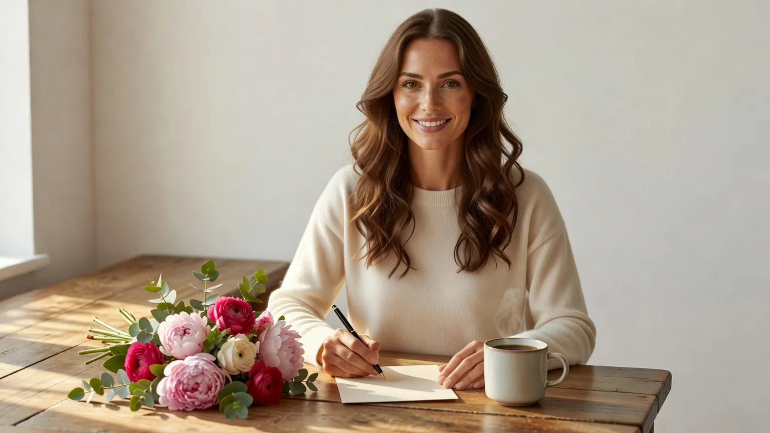 Une femme écrit une carte à une table en bois, près d'un bouquet de pivoines et d'une tasse