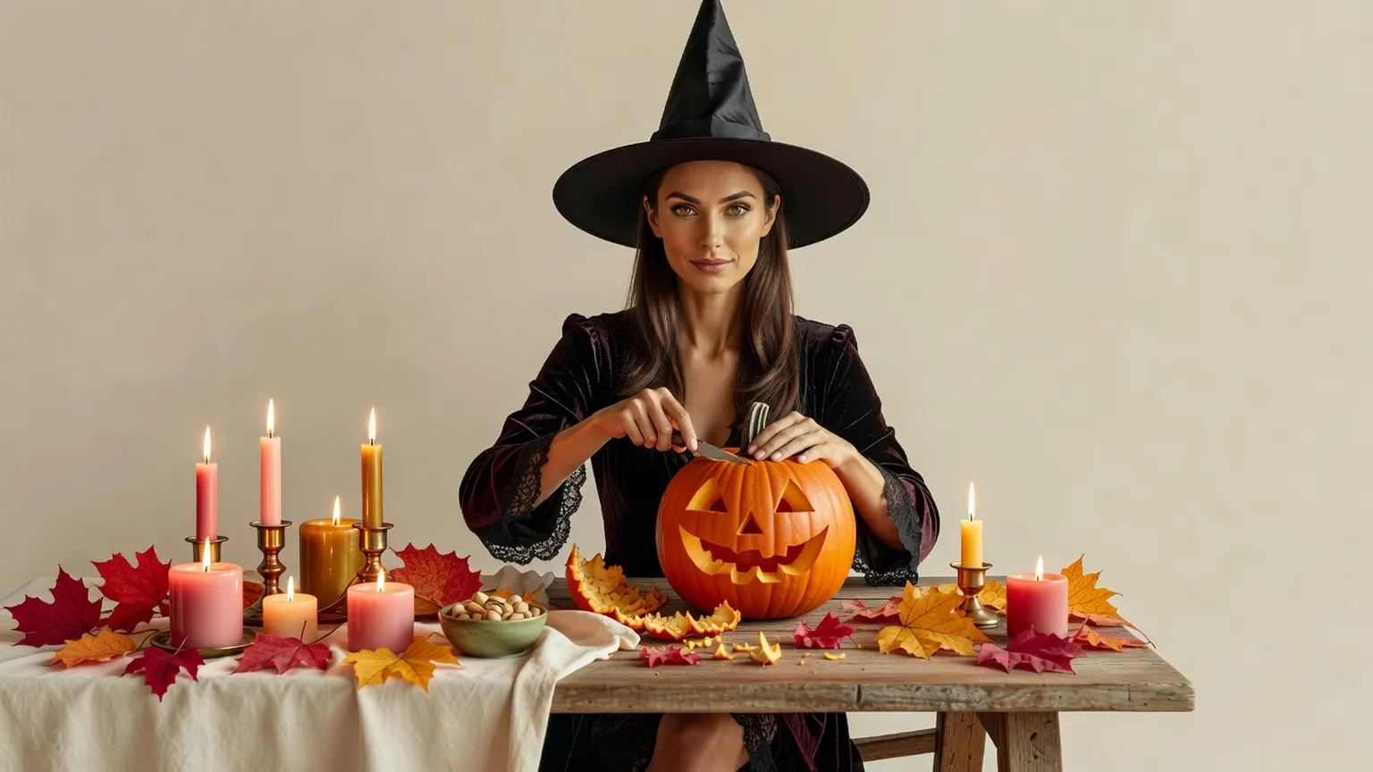 Une femme coiffée d'un chapeau de sorcière creuse une citrouille sur une table ornée de bougies et de feuilles d'automne
