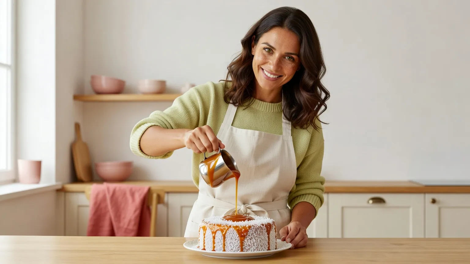 Une femme en tablier nappe de caramel un gâteau recouvert de noix de coco râpée dans une cuisine claire
