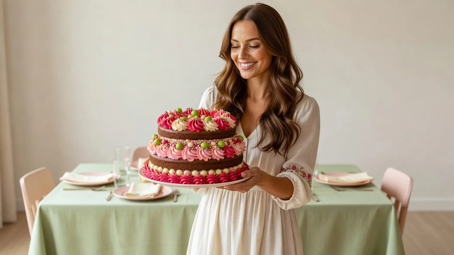 Une femme sourit en portant un gâteau au chocolat rose et fuchsia à deux étages vers une table dressée
