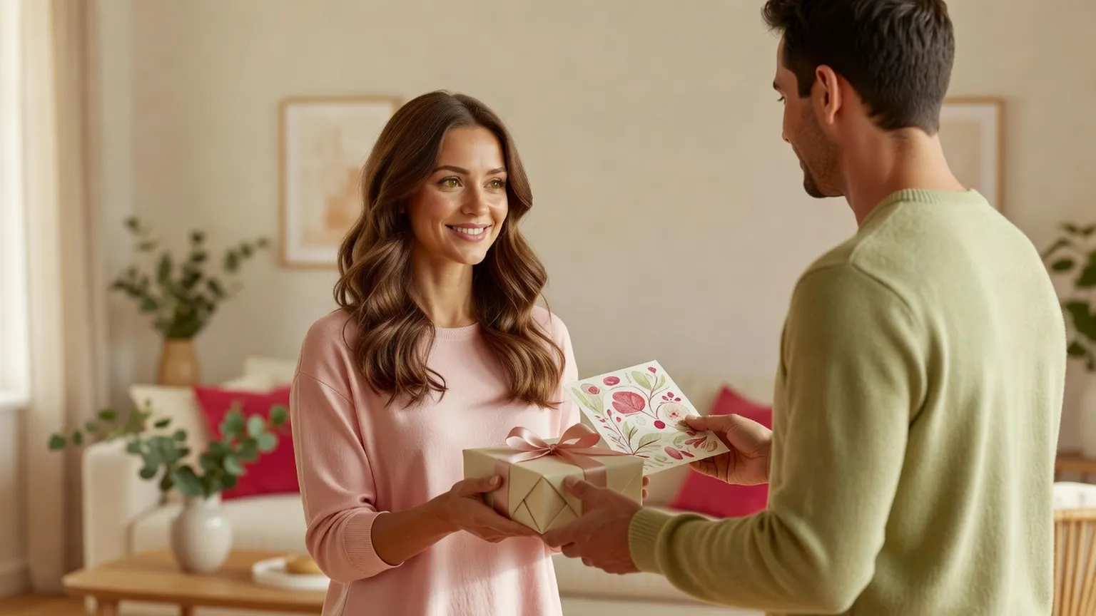 Une femme tend un paquet cadeau et une carte illustrée à un homme vu de dos, dans un salon chaleureux