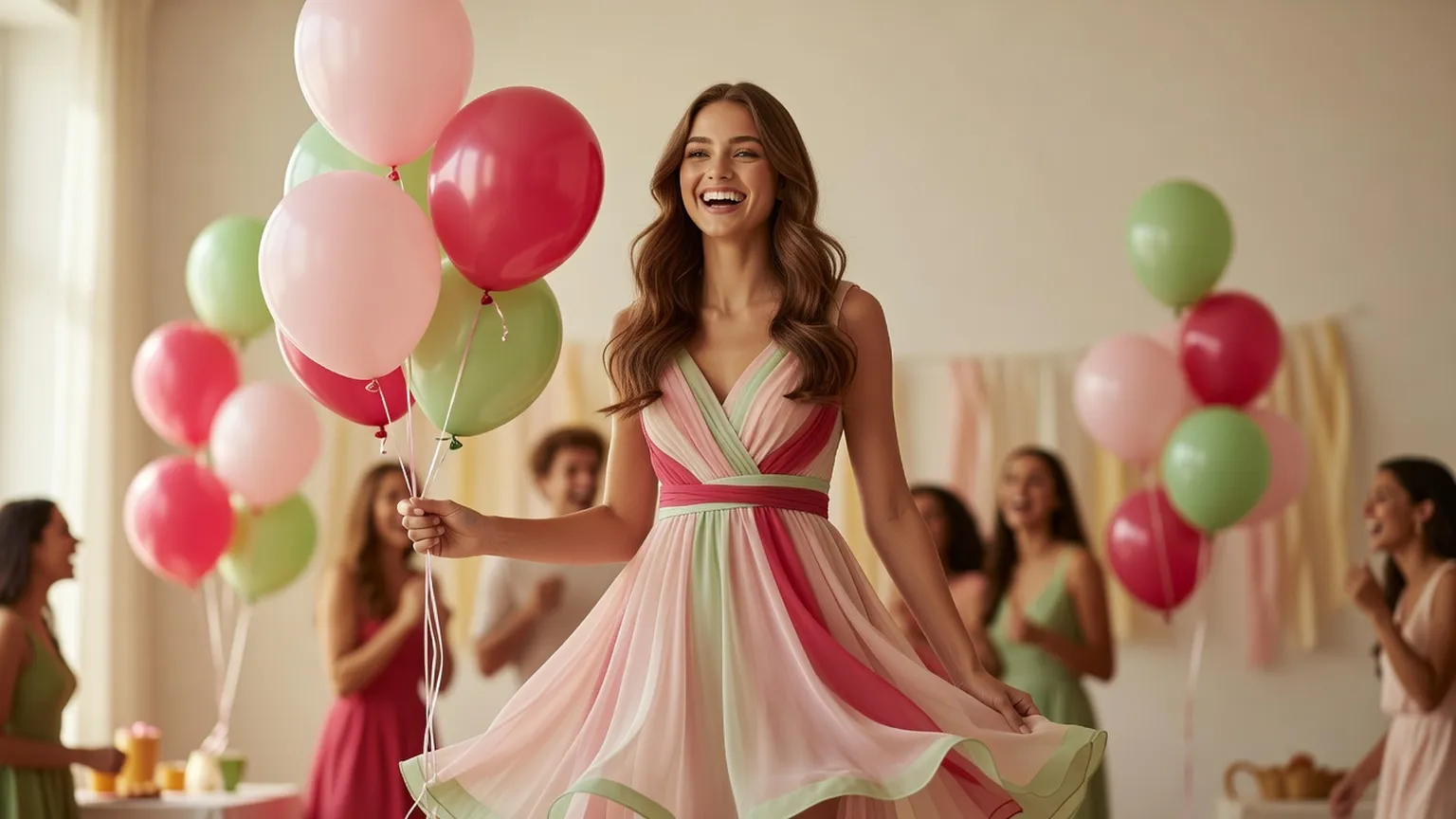 Une jeune femme en robe rose et verte avance en souriant, un bouquet de ballons à la main, au milieu d'une fête entre amis