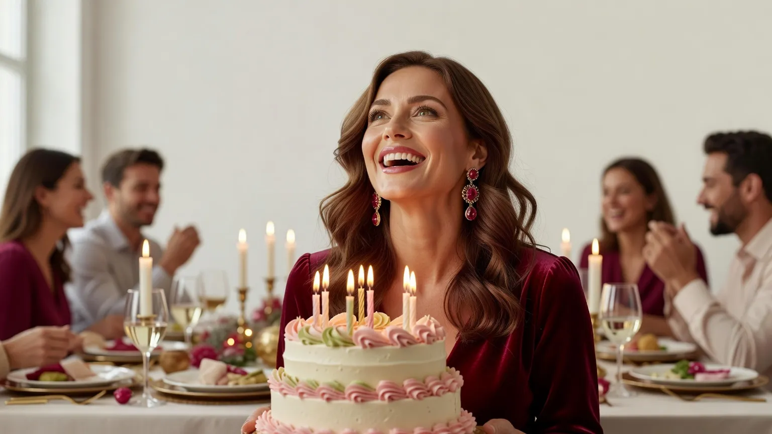 Une femme de quarante ans en robe bordeaux et grandes boucles d'oreilles rit devant un gâteau aux bougies, à une table de dîner animée