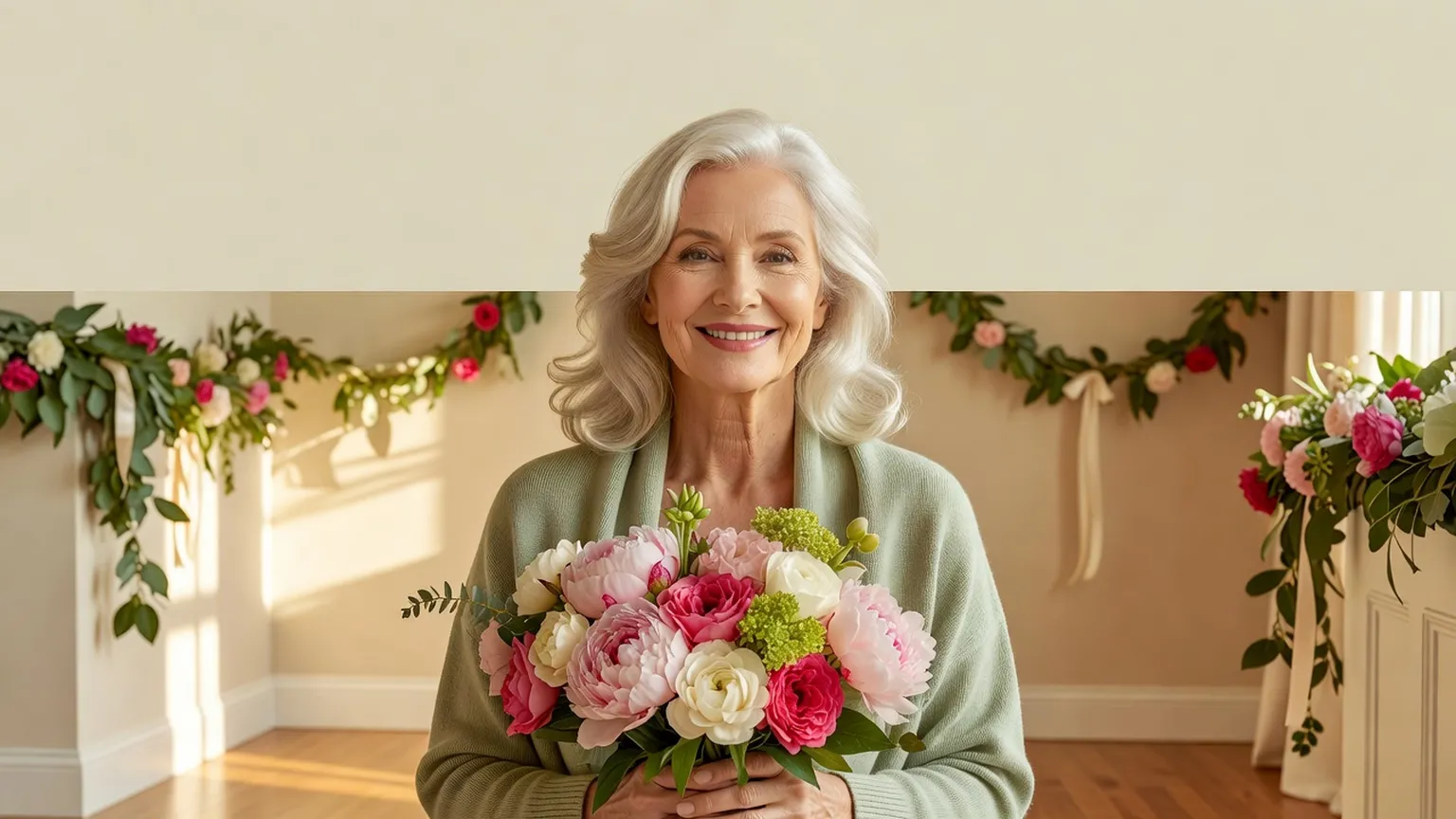 Une femme de soixante ans aux cheveux argentés, en gilet vert sauge, tient un bouquet dans un salon ensoleillé décoré de guirlandes