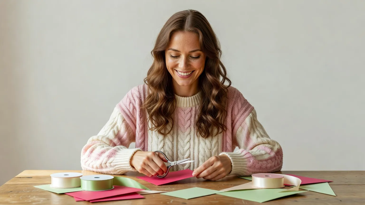 Une jeune femme sourit en découpant du papier rose pour fabriquer des invitations d'anniversaire, avec des rubans verts sur la table