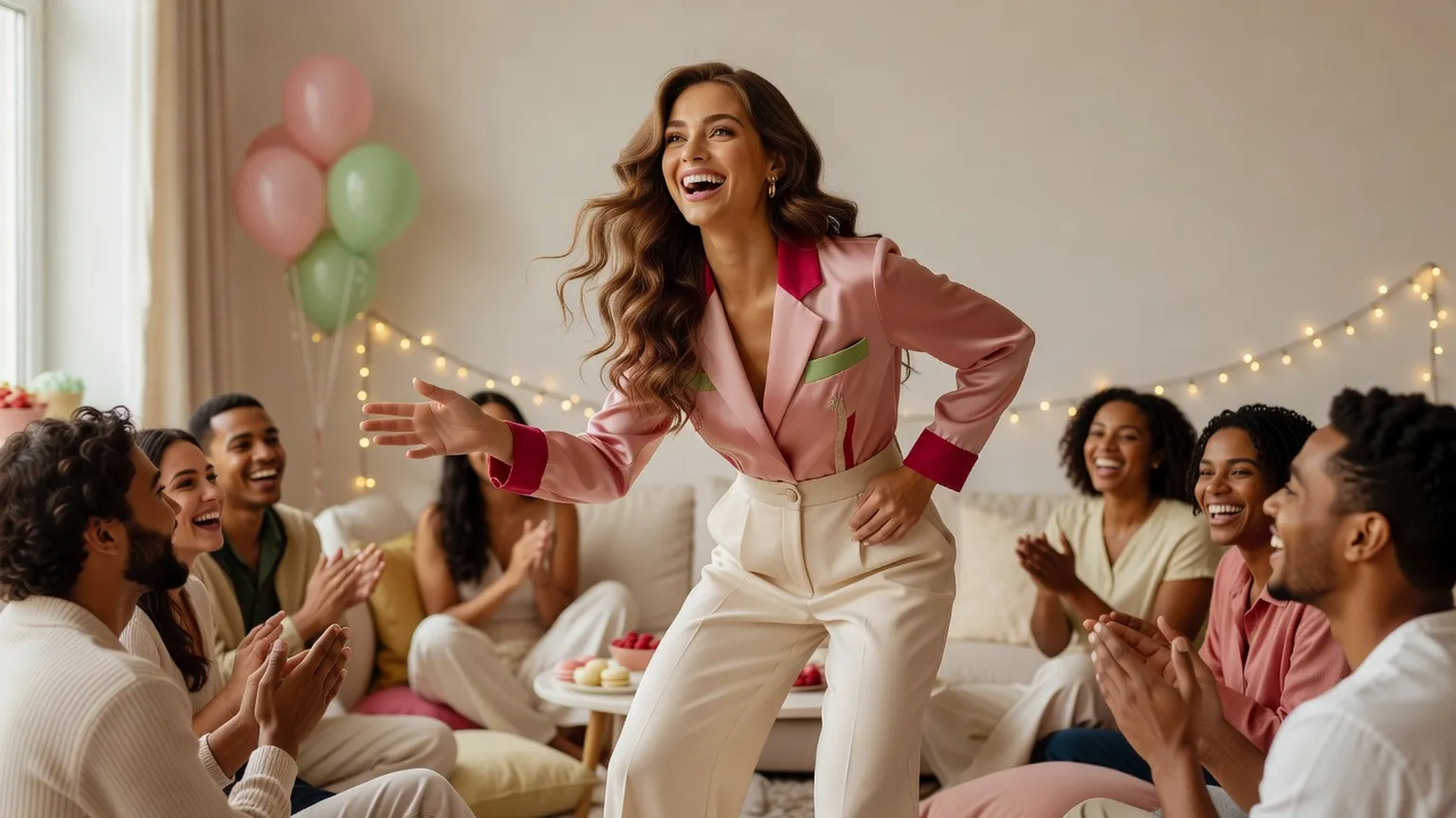 Une jeune femme en blazer rose mime une charade devant un cercle d'amis qui applaudissent en riant dans un salon décoré