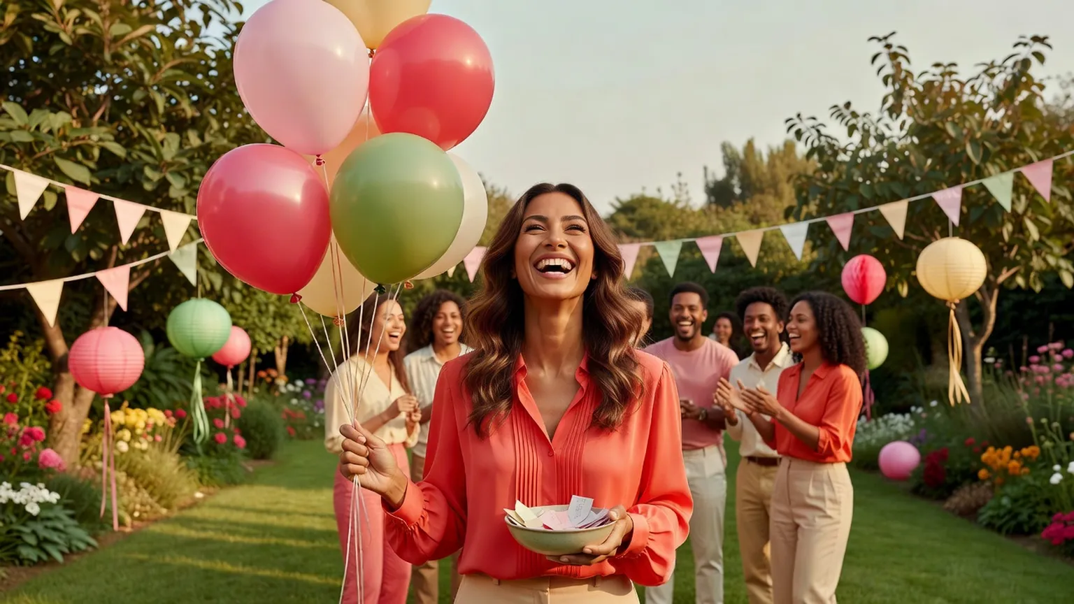 Une femme en blouse corail rit en tenant un bol de papiers pliés dans un jardin décoré de ballons et de fanions, des amis derrière elle