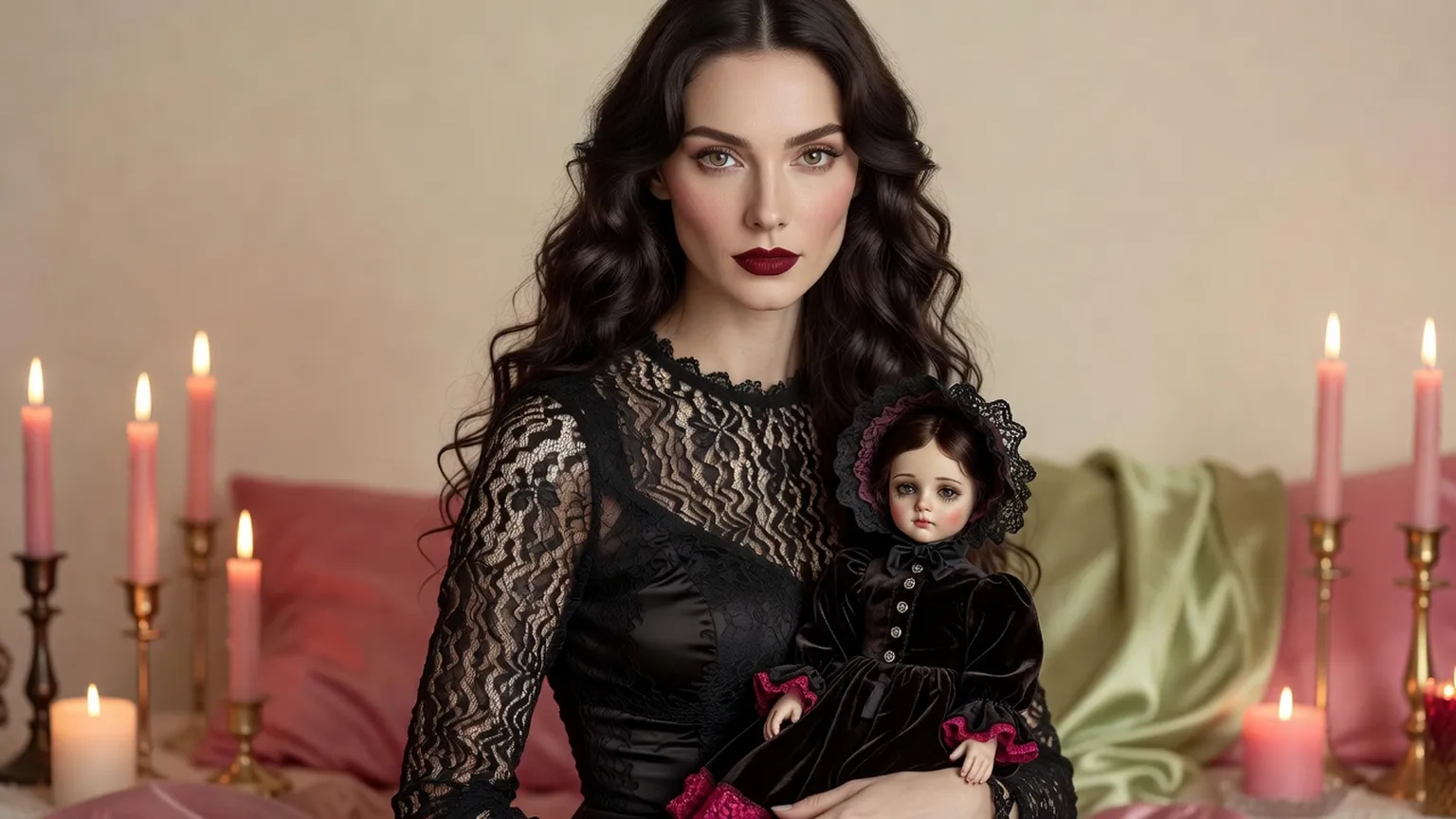 Une femme au teint pâle et aux lèvres sombres, vêtue de dentelle noire, tient une poupée en robe de velours sombre devant des bougies roses