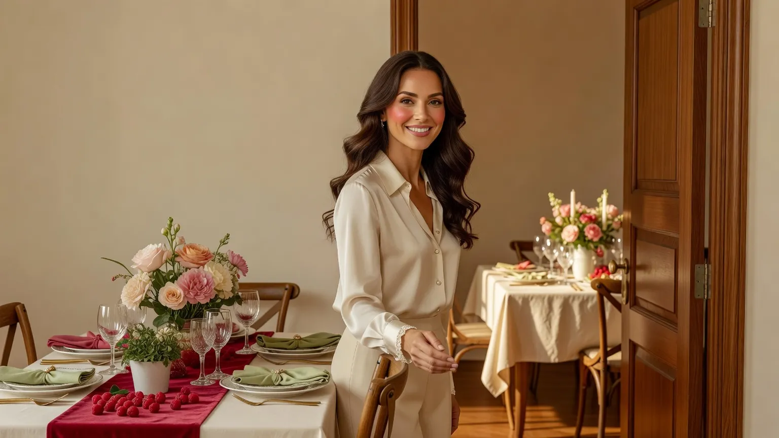 Une femme en chemisier crème accueille un invité sur le pas de sa porte, dans une maison chaleureuse avec une table dressée en arrière-plan