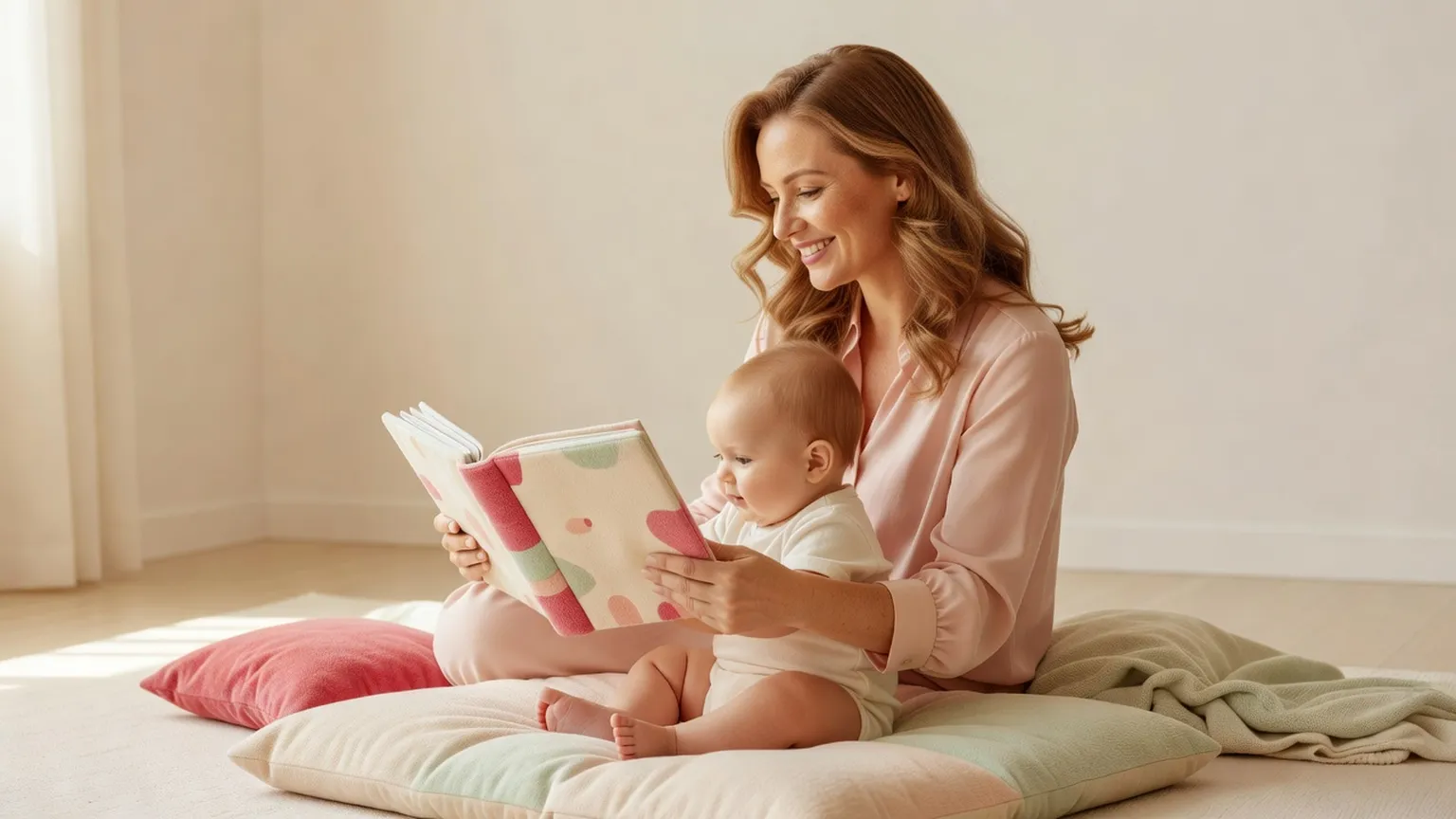Une femme assise sur des coussins lit un livre d'images à un bébé installé sur ses genoux