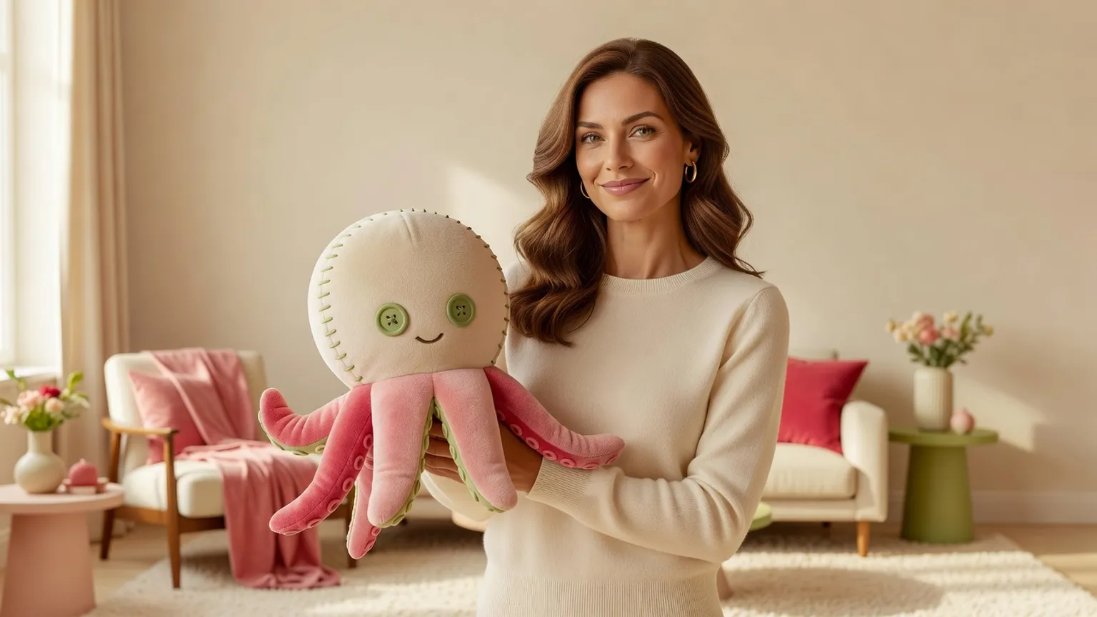 Une femme tient à bout de bras une grande peluche de pieuvre rose, avec une grimace polie, dans un salon