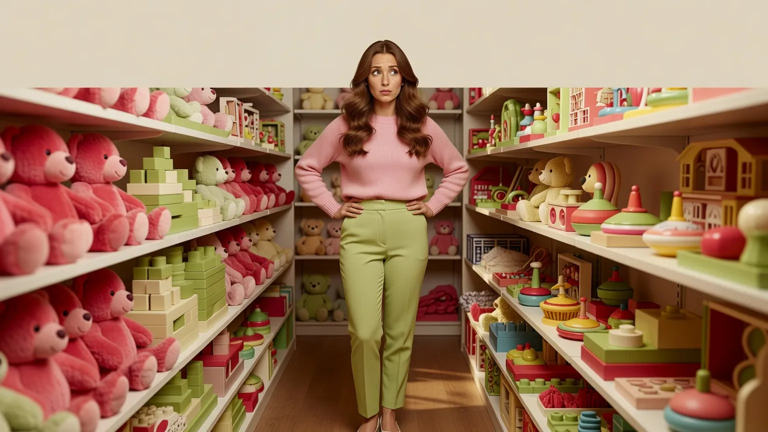 Une femme, les mains sur les hanches, regarde d'un air sceptique les rayons d'un magasin de jouets remplis de peluches