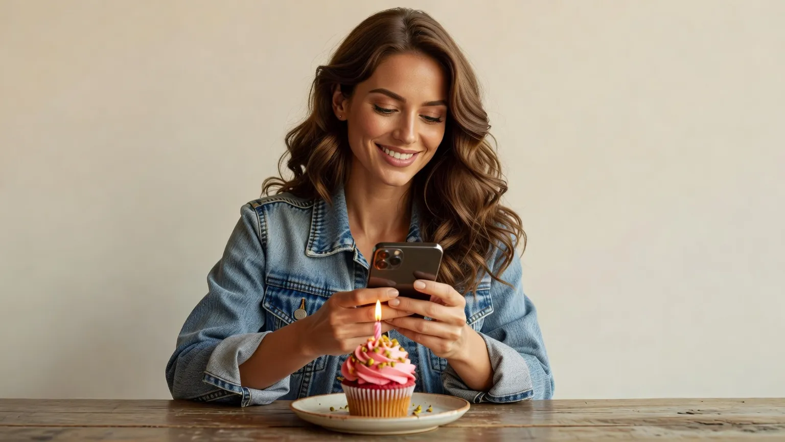Une jeune femme en veste en jean sourit en tenant son téléphone devant un cupcake à bougie posé sur une table en bois