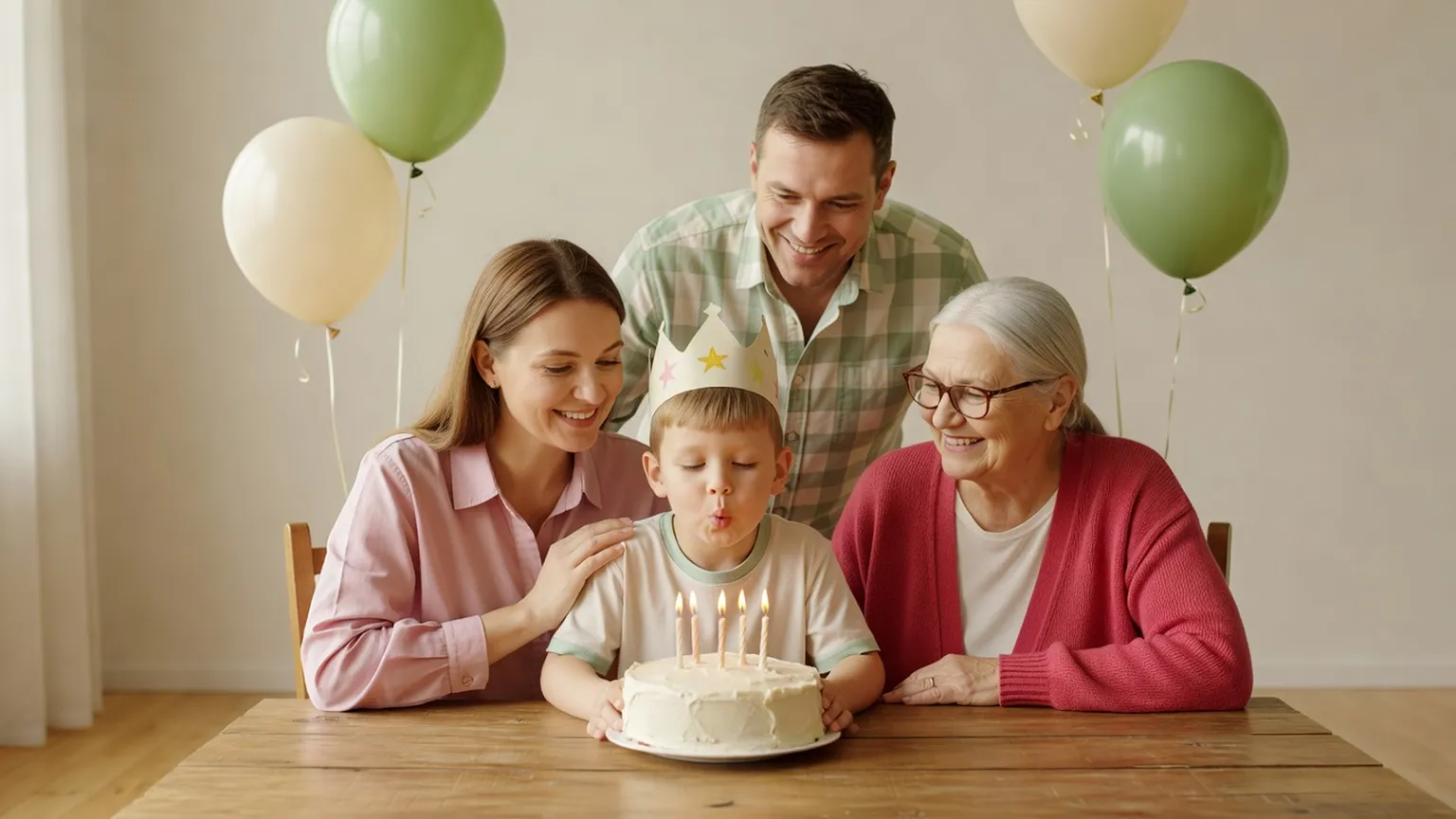 Un garçon de cinq ans coiffé d'une couronne en papier souffle les bougies d'un gâteau maison, entouré de sa mère, de son père et de sa grand-mère souriants