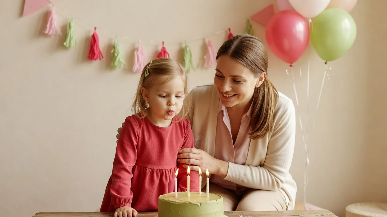 Une mère aide sa fille de quatre ans à souffler les quatre bougies d'un gâteau, avec des ballons et une guirlande derrière elles