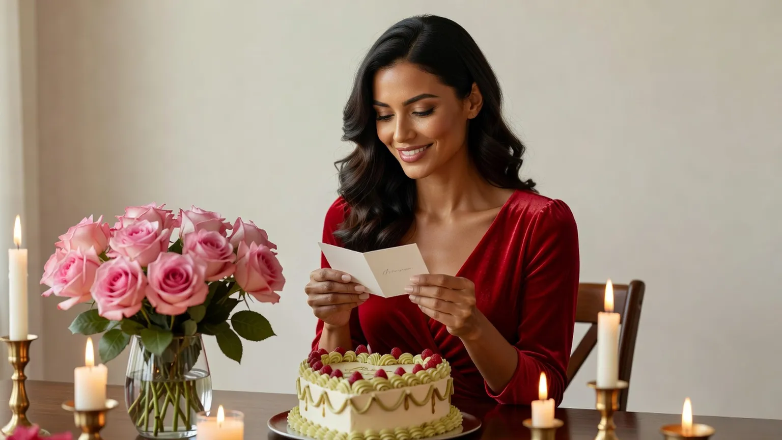 Une femme en robe rouge lit une petite carte écrite à la main devant un gâteau à bougies, avec un bouquet de roses roses sur la table