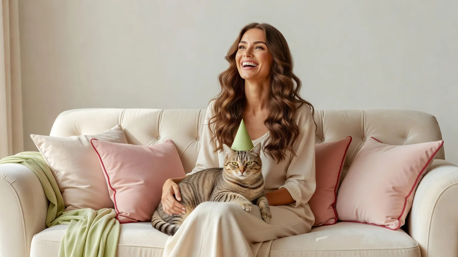 Une femme rit, assise sur un canapé, avec un chat tigré coiffé d'un petit chapeau de fête sur les genoux