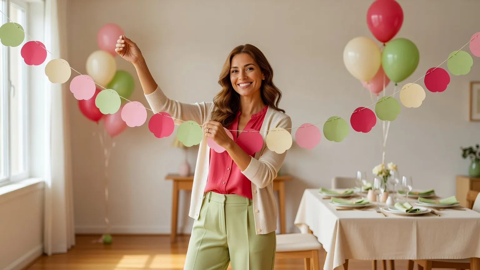 Une femme souriante accroche une guirlande de papier rose et verte dans un salon décoré de ballons, avec une table dressée au fond
