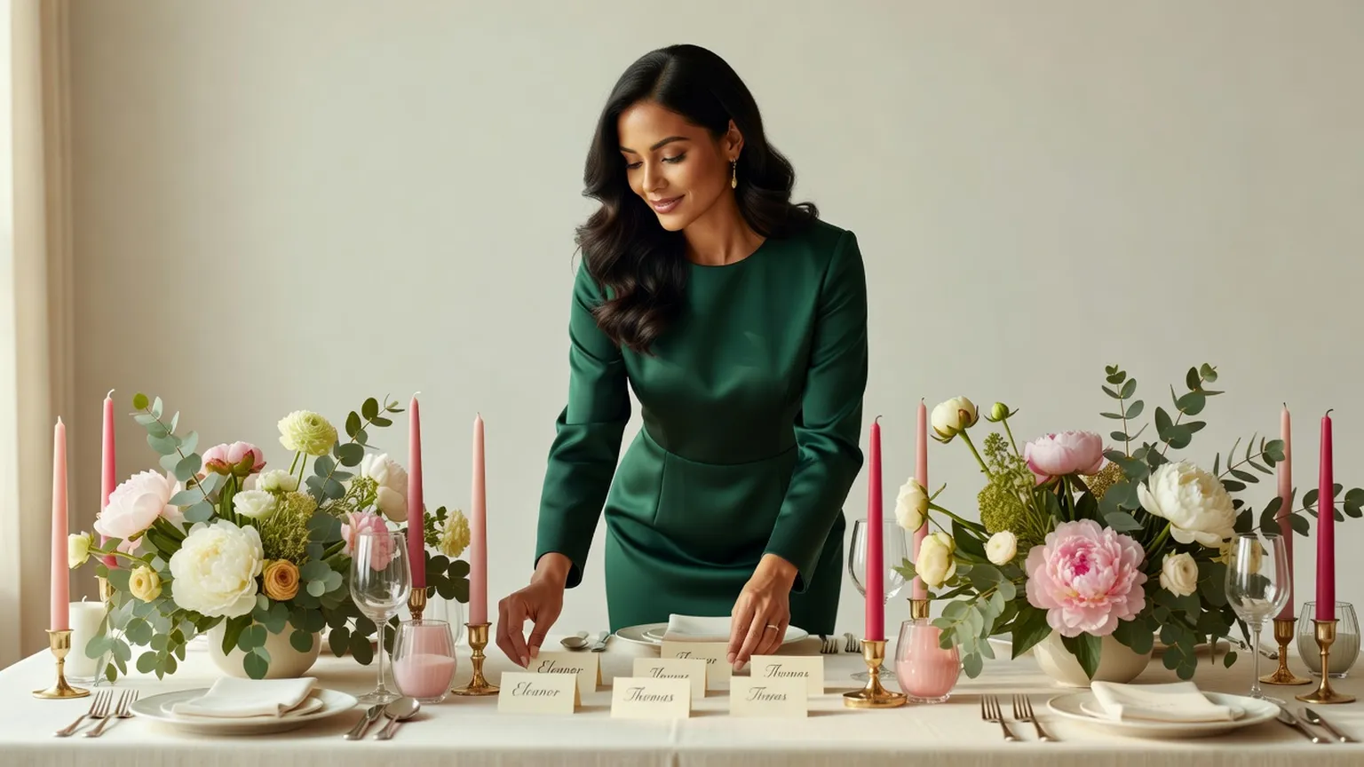 Une femme en robe émeraude place des cartons nominatifs sur une table dressée avec bougies et fleurs avant l'arrivée des invités