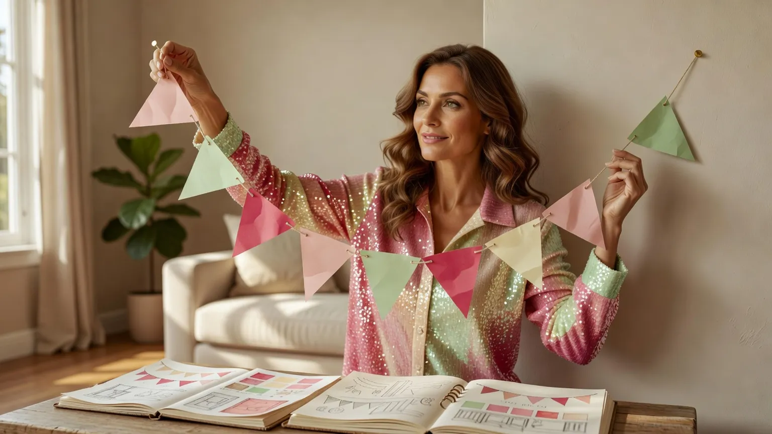 Une femme en veste à paillettes accroche une guirlande de fanions roses et verts, des carnets d'échantillons de couleurs ouverts devant elle