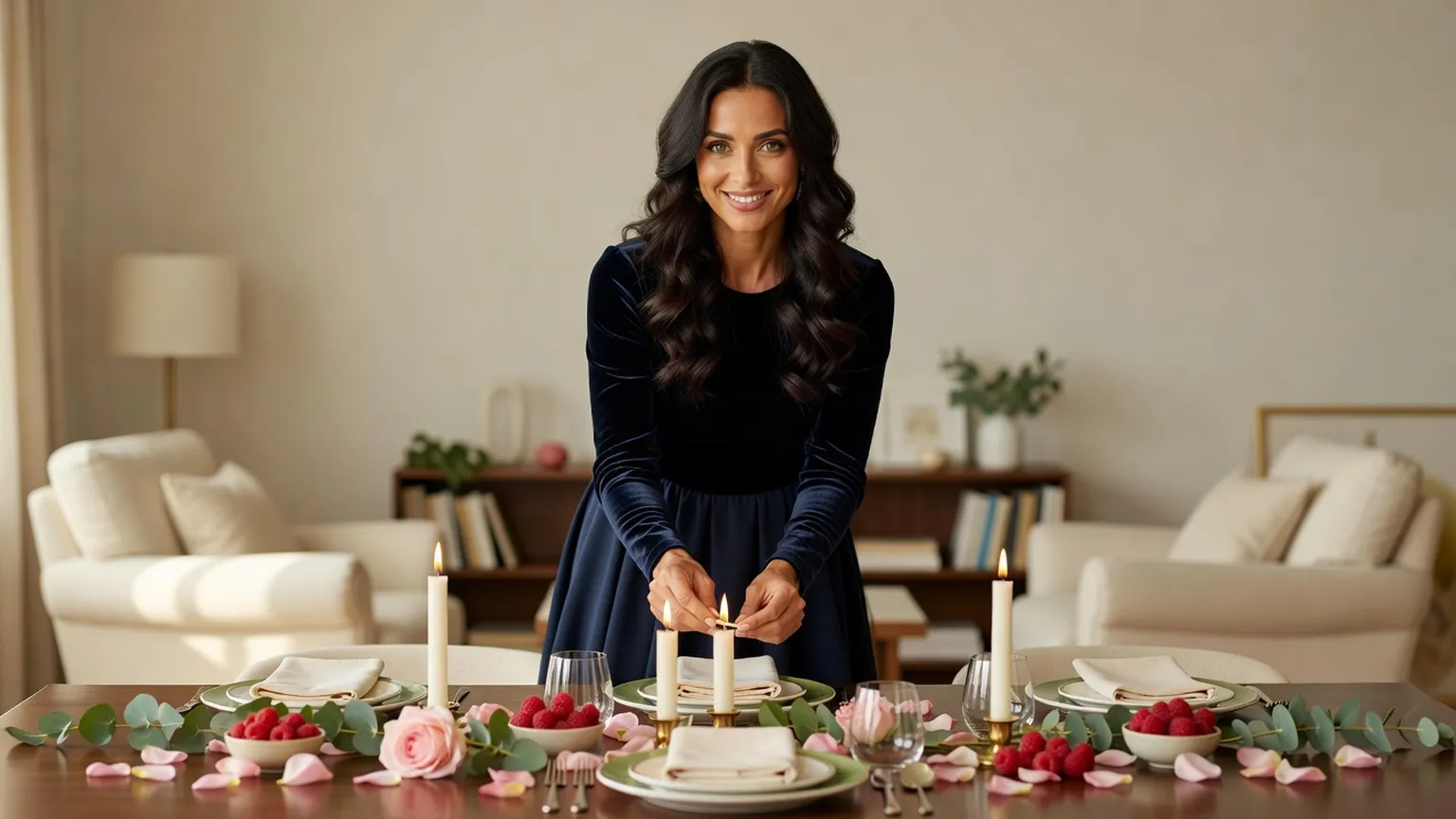 Table de soirée décorée de bougies, de fleurs et de petites assiettes dans une pièce chaleureuse