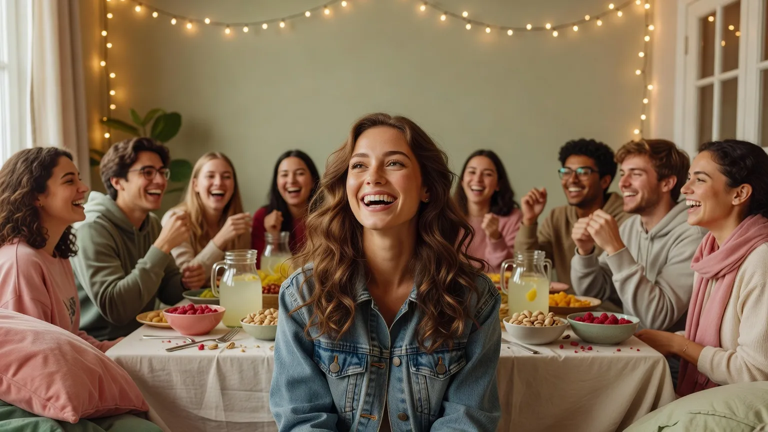 Une jeune femme en veste en jean rit avec des amis étudiants dans un petit appartement décoré de guirlandes lumineuses, avec des bols de grignotages et des pichets de limonade sur la table